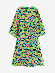 green, black, purple, pink, yellow, blue - multicoloured topographic map-inspired printed robe in smooth fabric with adjustable tie belt and large pockets